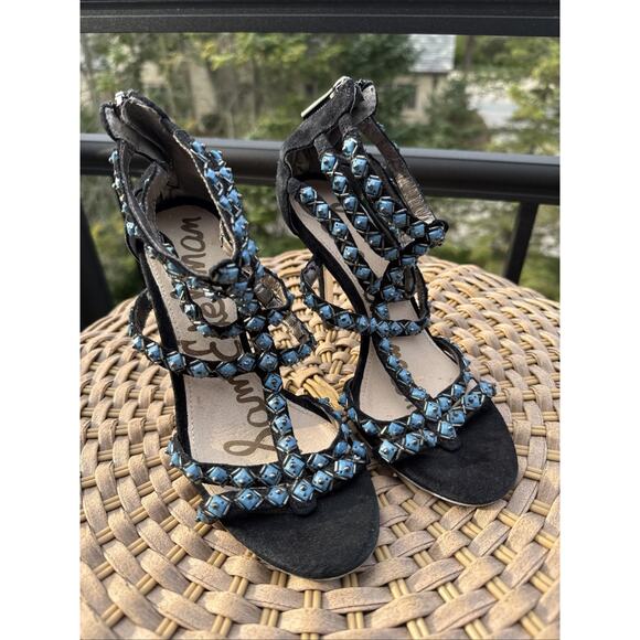 Sam Edelman Sage Beaded High Heel Sandals Black Suede 5.5 US 36.5 EU Aztec Boho - Picture 1 of 16